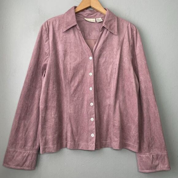 Studio Ease Size 12 Dusty Purple Faux Sueded Button Up Shirt Romantic Y2K Retro - Picture 1 of 10